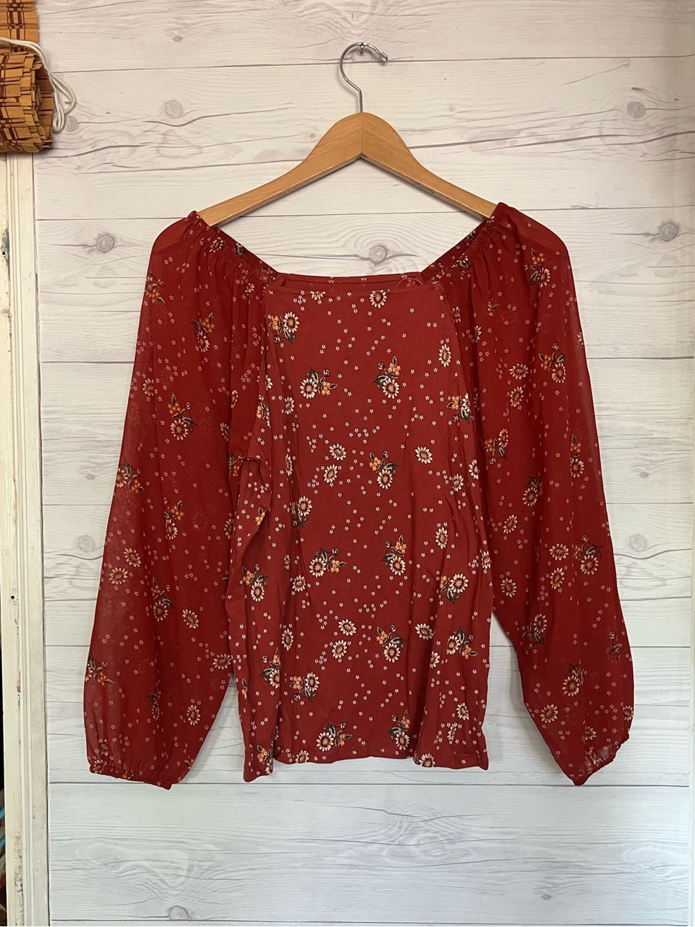 Loft Boho Floral Square Neck Blouse Sheer Puffy Long Sleeve Medium NWT